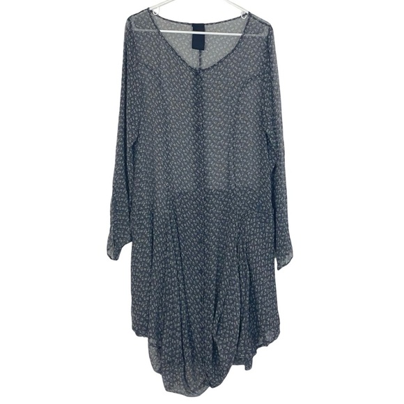 Silk Sheer Floral Dress Womens Size Medium Midi Oversized Black Long Sleeve - Picture 2 of 16
